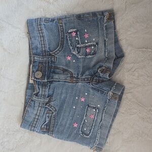 LEI Kids Denim Shorts with pink star acccents, rhinestones, and patchwork